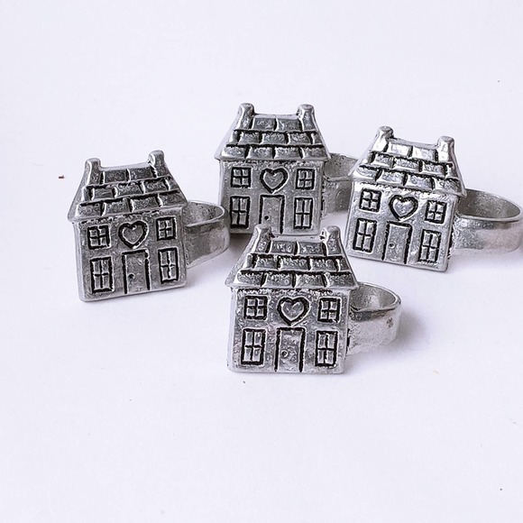 Vintage House Heart Pewter Napkin Holders Set of 4 Country Kitchen Decor Rings - Picture 2 of 4